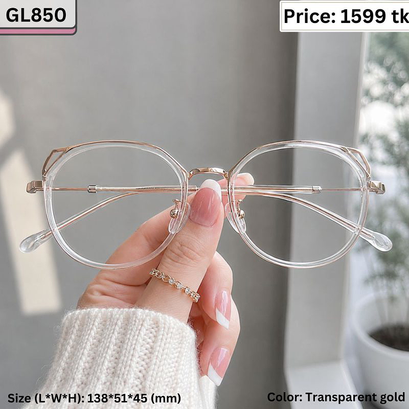 Transparent Gold Geometric Round Cat Ear Plastic and Metal Frame Eyeglasses for Women – GL850