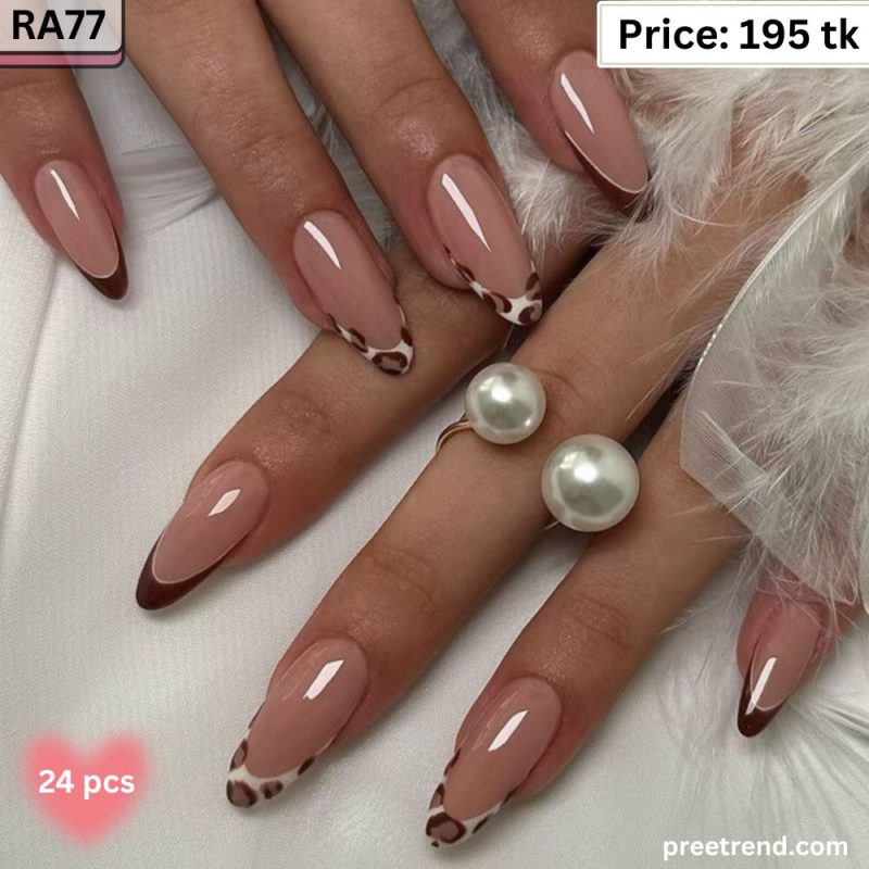 Printed Black French Outline Leopard Print Heart Sheer Nude Almond Press On Nails (24 Pcs) - RA77