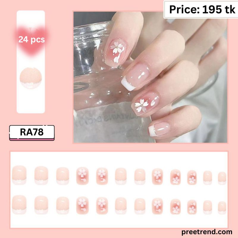 Printed White Cherry Blossom Floral French Tip Blush Pink Short Square Press On Nails (24 Pcs) - RA78