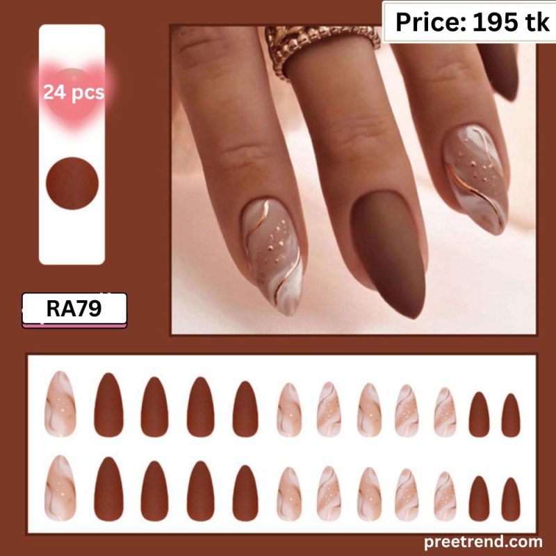 Printed Matte Terracotta Brown Solid & White Marble Swirl Almond Press On Nails (24 Pcs) - RA79