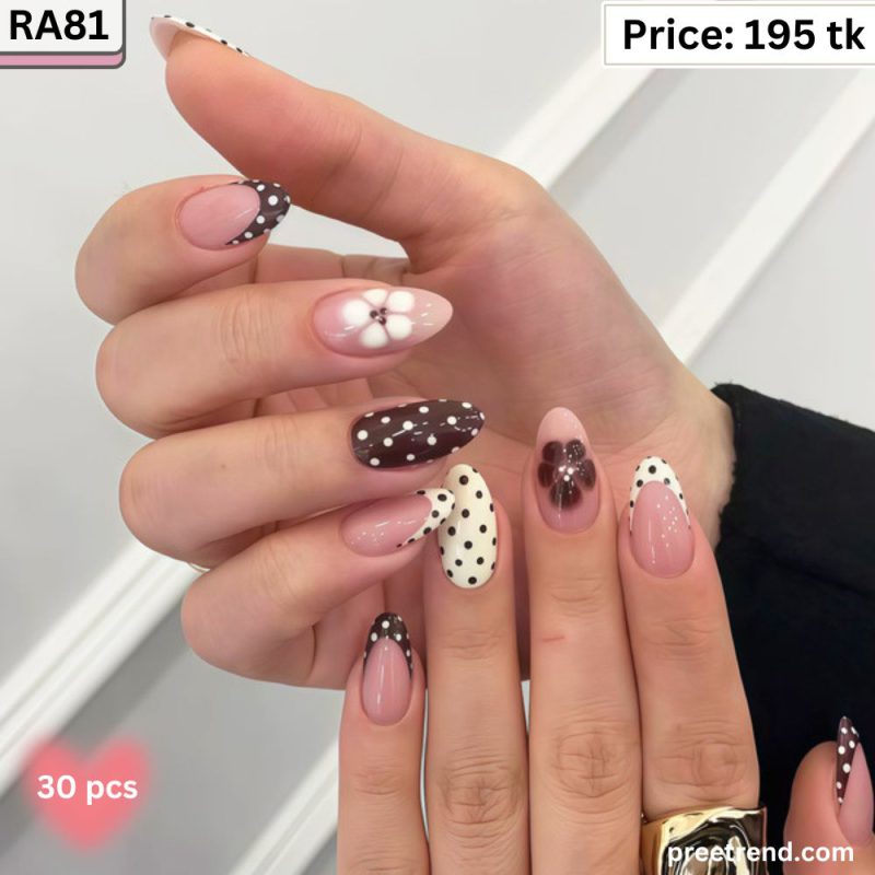 Printed Black Polka Dot French Floral Blossom Blush Pink Almond Press On Nails (30 Pcs) – RA81