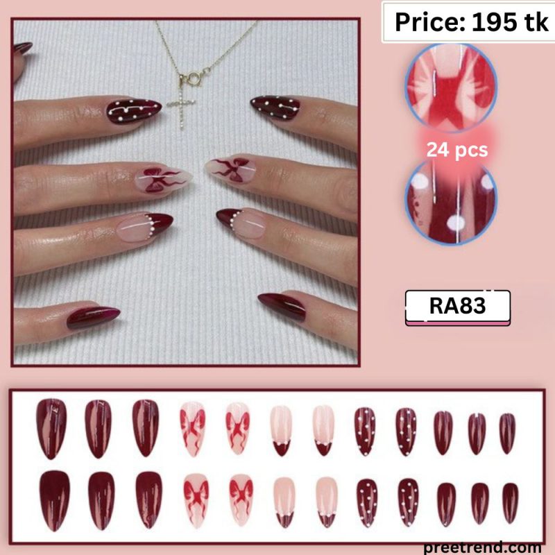 Printed Burgundy Ribbon Bow Polka Dot White Line French Almond Press On Nails (24 Pcs) - RA83