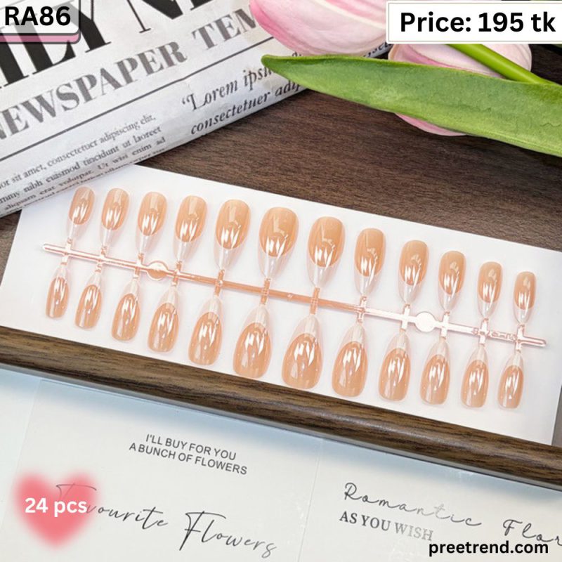 Printed Classic White French Tip Glossy Peachy Nude Medium Almond Press On Nails (24 Pcs) - RA86