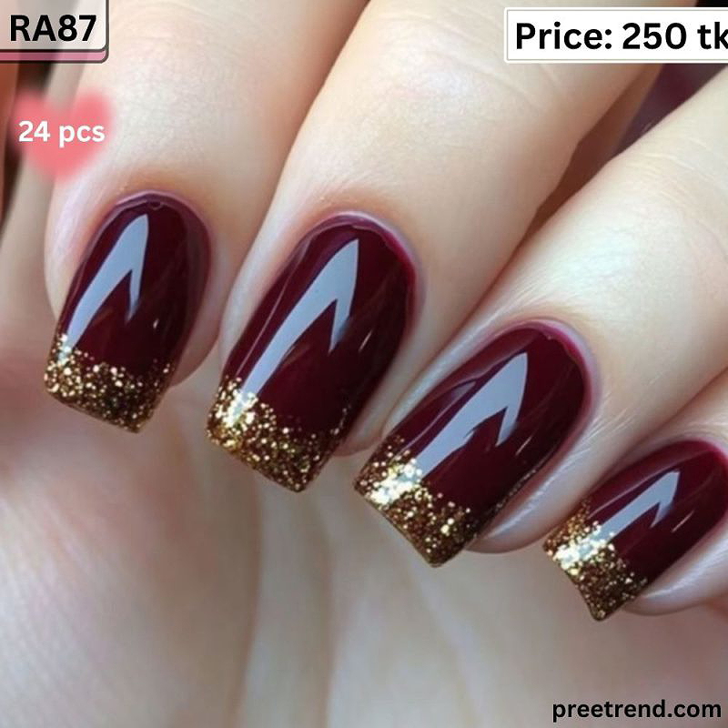 Printed Glitter Ombre French Tip Glossy Burgundy Wine Red Short Square Press On Nails (24 Pcs) - RA87
