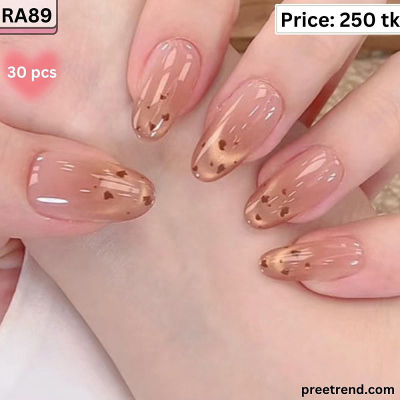 Printed Gold Foil Flake Heart Accent Glossy Jelly Peach Nude Medium Almond Press On Nails (30 Pcs) - RA89