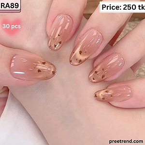 Printed Gold Foil Flake Heart Accent Glossy Jelly Peach Nude Medium Almond Press On Nails (30 Pcs) - RA89