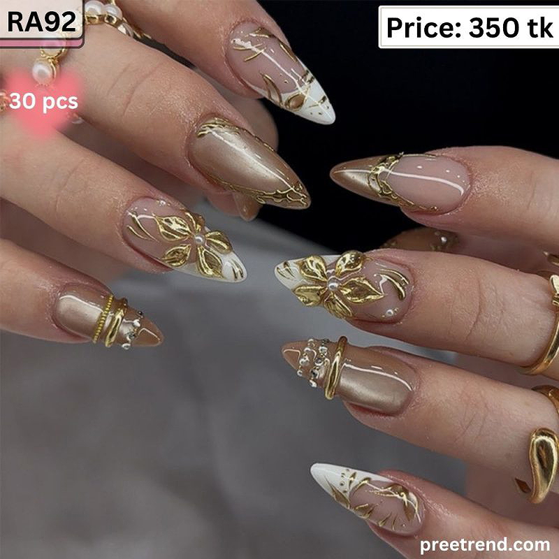 3D Metallic Chrome Gold Ring Wrap Floral Motif Pearl Long Almond Press On Nails (30 Pcs) - RA92