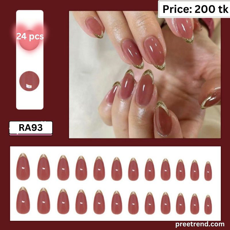 Printed Fine Gold Glitter Shimmer French Tip Rose Tea Almond Press On Nails (24 Pcs) - RA93