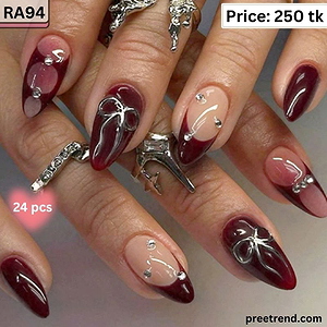 3D Liquid Metallic Silver Ribbon Bow Rhinestone Burgundy French Almond Press On Nails (24 Pcs) - RA94