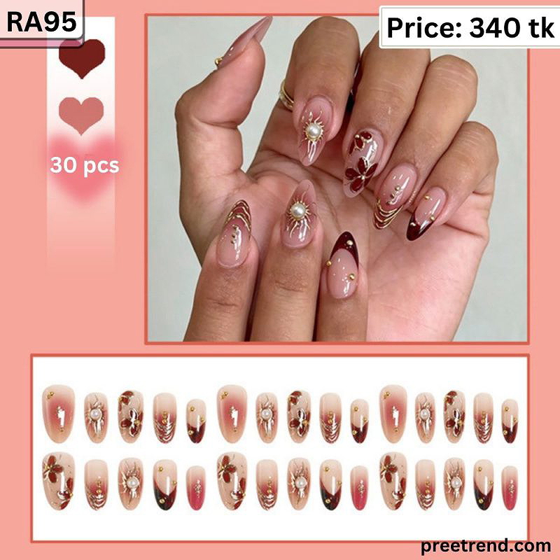 3D Pearl Sunburst Charm Metallic Gold Wave Burgundy Floral Almond Press On Nails (30 Pcs) - RA95
