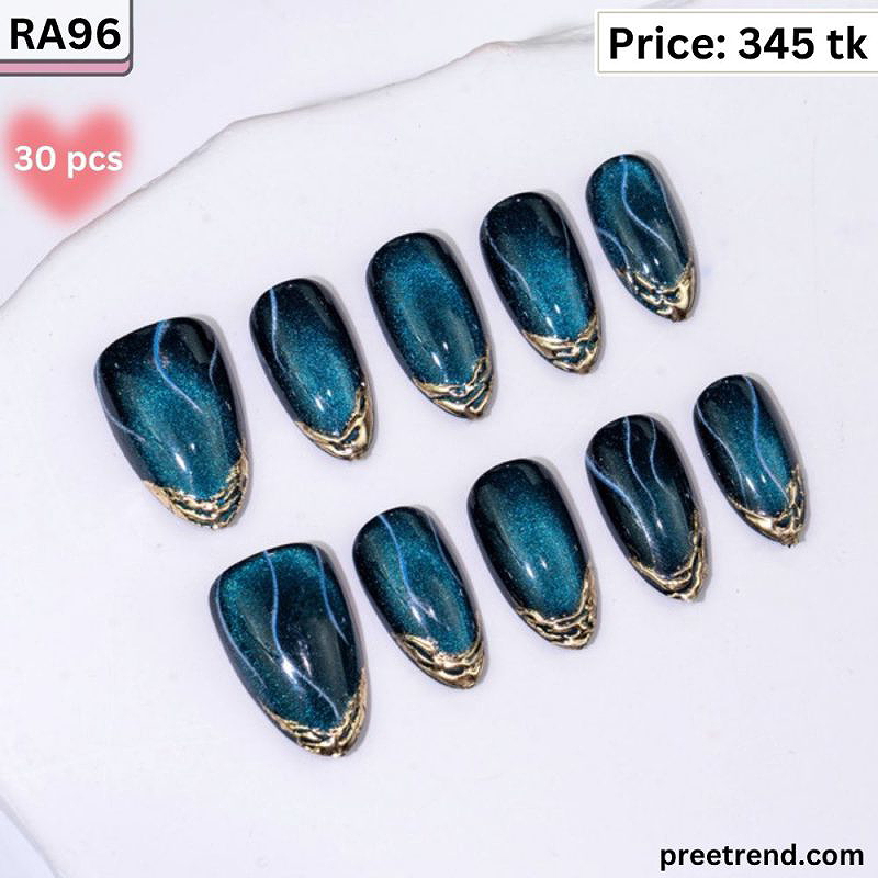 3D Metallic Gold Chrome Wave Border Emerald Teal Cat Eye Short Almond Press On Nails (30 Pcs) - RA96