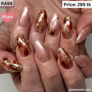 Printed Amber Tortoiseshell Gold Foil Flake Shimmer Medium Oval Press On Nails (30 Pcs) - RA98