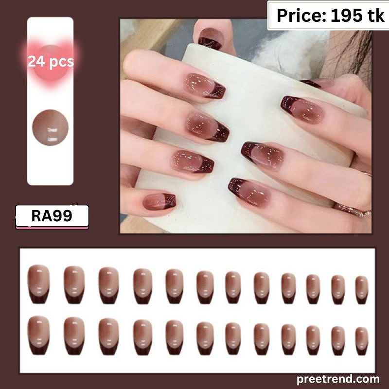 Printed Glossy Espresso Coffee Brown French Ombre Gradient Short Coffin Press On Nails (24 Pcs) - RA99
