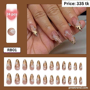 3D White Lily Flower Blossom Gold Shimmer Leaf Bead Almond Press On Nails (24 Pcs) - RB01