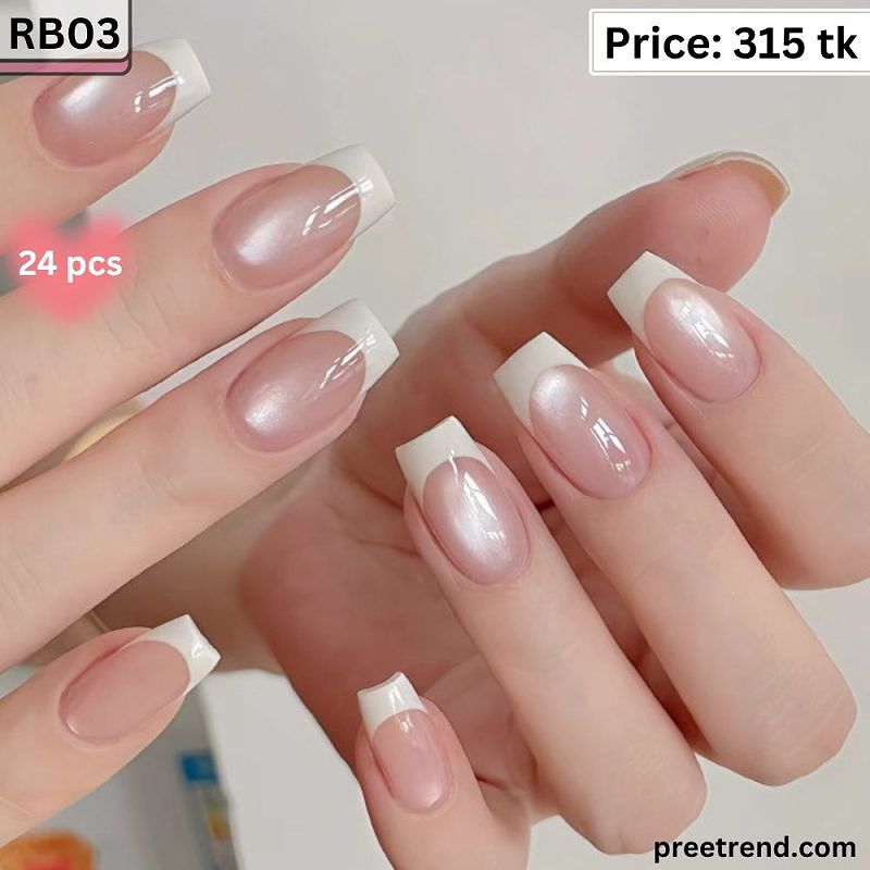 Printed Classic Thin White French Tip Glossy Sheer Pink Short Square Press On Nails (24 Pcs) - RB03