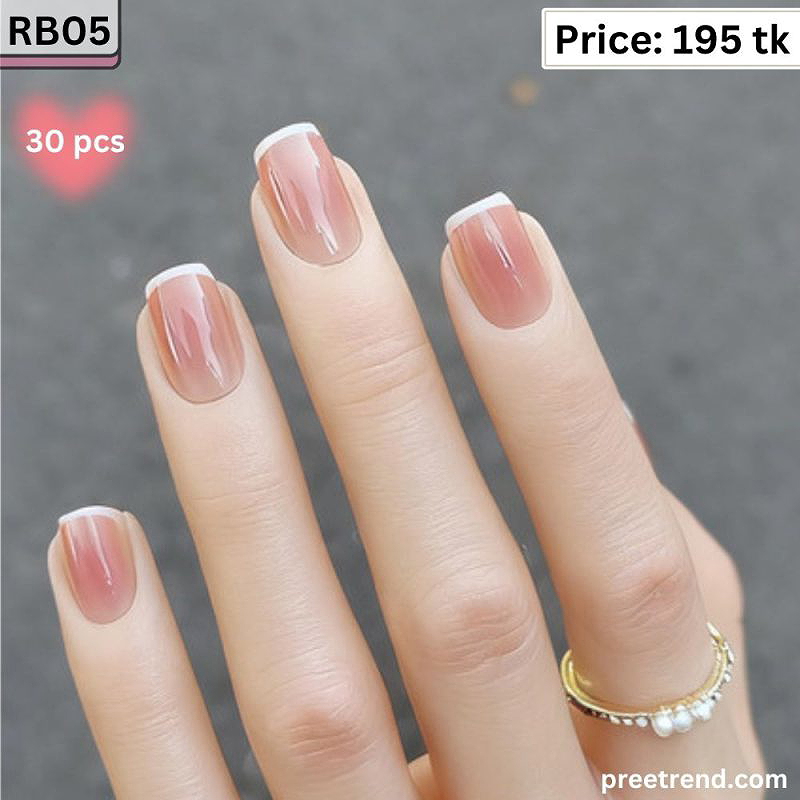Printed Fine White French Smile Line Glossy Rosy Nude Short Square Press On Nails (30 Pcs) - RB05