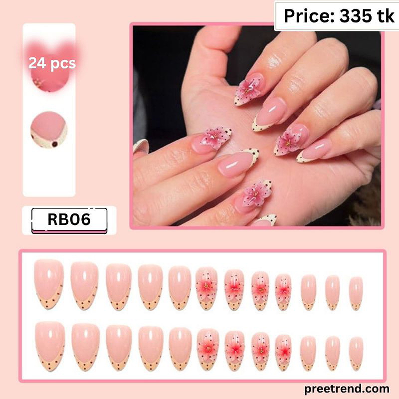 3D Pink Red Floral Blossom Gold Caviar Bead French Tip Short Almond Press On Nails (24 Pcs) - RB06