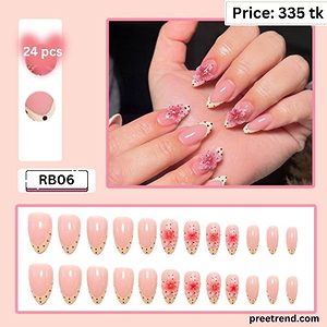 3D Pink Red Floral Blossom Gold Caviar Bead French Tip Short Almond Press On Nails (24 Pcs) - RB06