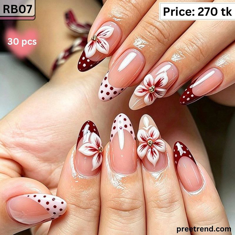 3D White Flower Blossom Polka Dot Deep Wine Red French Almond Press On Nails (30 Pcs) - RB07