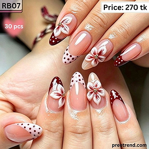 3D White Flower Blossom Polka Dot Deep Wine Red French Almond Press On Nails (30 Pcs) - RB07