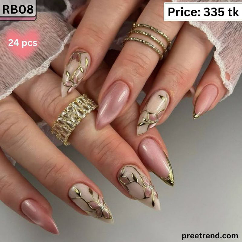 3D Metallic Chrome Gold French Outline Floral Motif Mauve Pink Almond Press On Nails (24 Pcs) - RB08