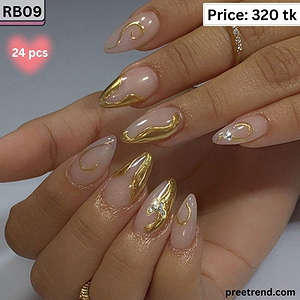 3D Crystal Rhinestone Butterfly Charm Metallic Gold Swirl Peach Nude Medium Almond Press On Nails (24 Pcs) - RB09