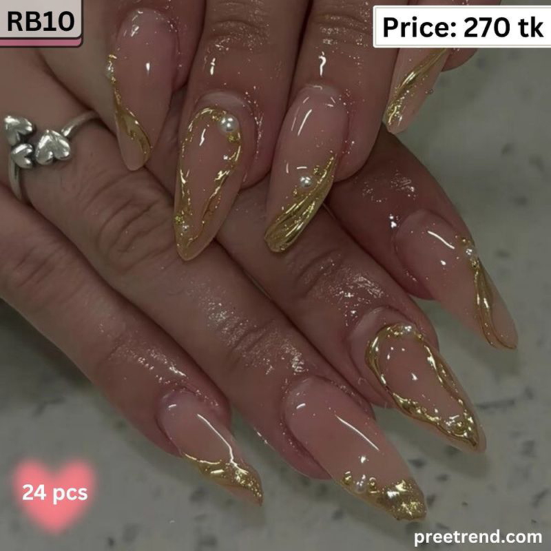 3D Metallic Gold Chrome Ribbon Border Pearl Bead Accent Sheer Nude Almond Press On Nails (24 Pcs) - RB10