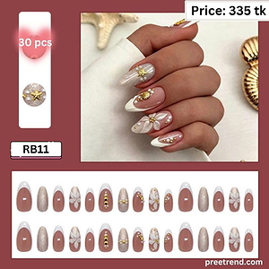 3D White Flower Blossom Gold Starfish Shell Pearl White French Almond Press On Nails (30 Pcs) - RB11