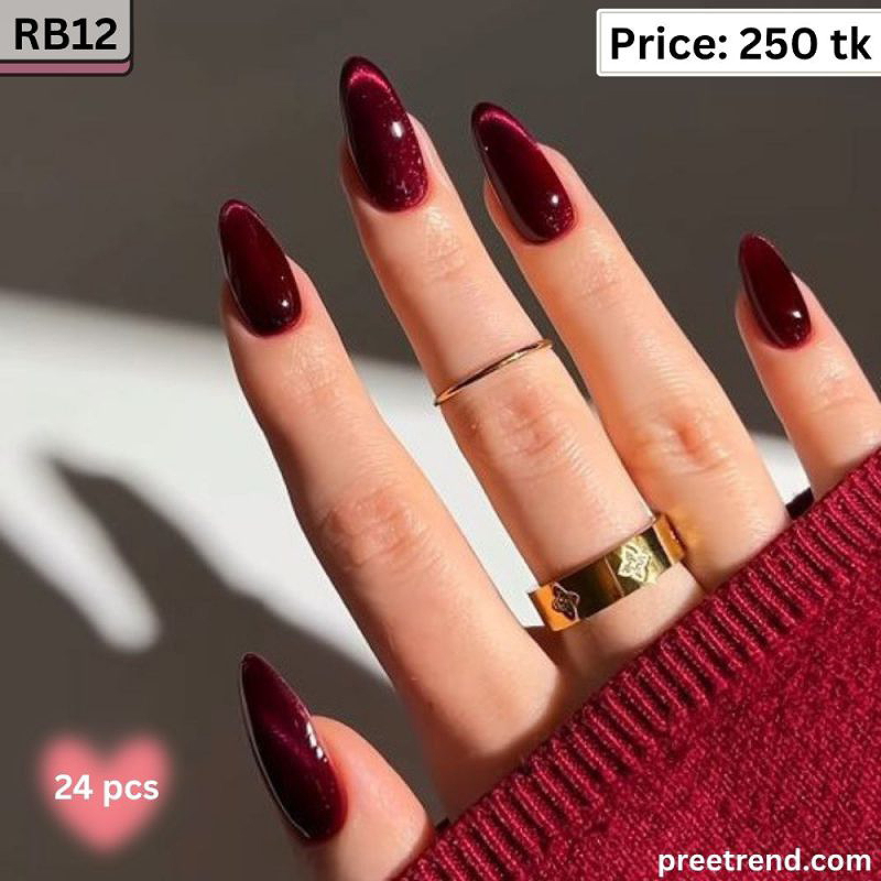 Glossy Deep Wine Red Burgundy Cat Eye Shimmer Solid Color Almond Press On Nails (24 Pcs) - RB12