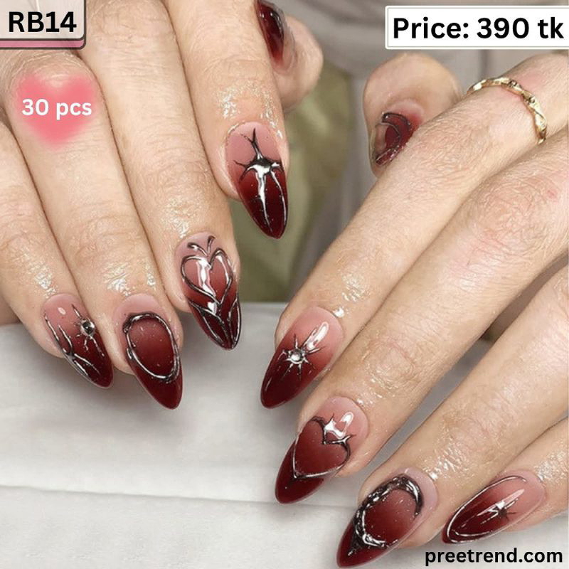 3D Liquid Metallic Silver Chrome Frame Star Accent Deep Plum Burgundy Short Almond Press On Nails (30 Pcs) - RB14