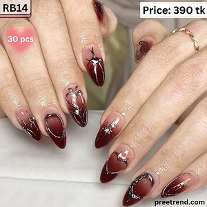 3D Liquid Metallic Silver Chrome Frame Star Accent Deep Plum Burgundy Short Almond Press On Nails (30 Pcs) - RB14