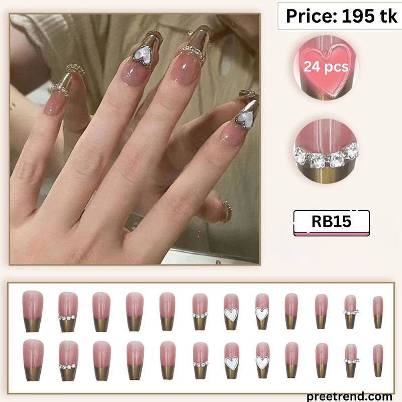 Printed Metallic Bronze French Tip Heart Rhinestone Print Medium Coffin Press On Nails (24 Pcs) - RB15
