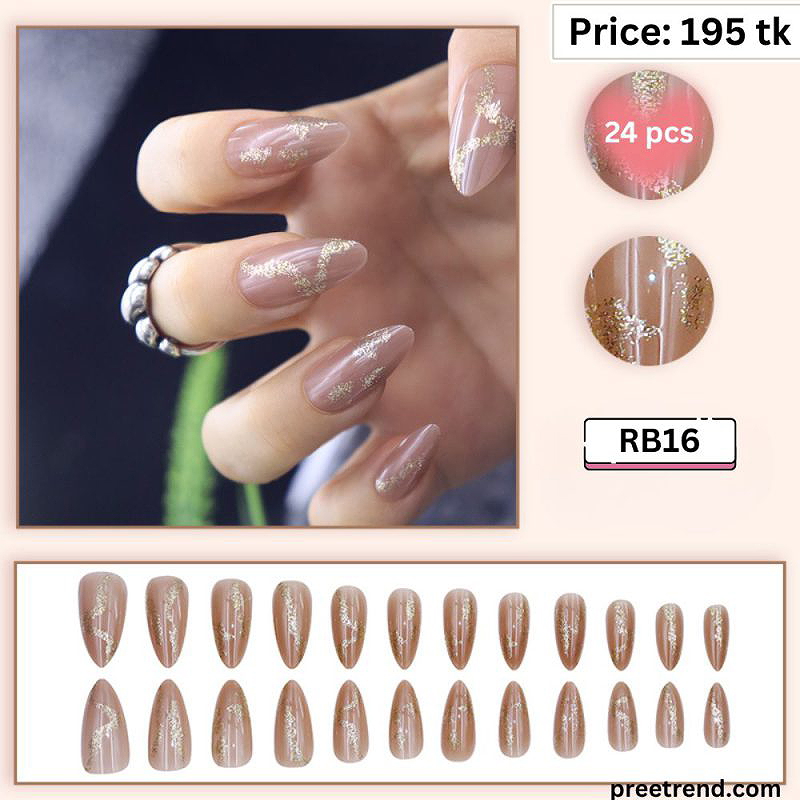 Printed Gold Glitter Marble Swirl Wave Line Glossy Nude Almond Press On Nails (24 Pcs) - RB16