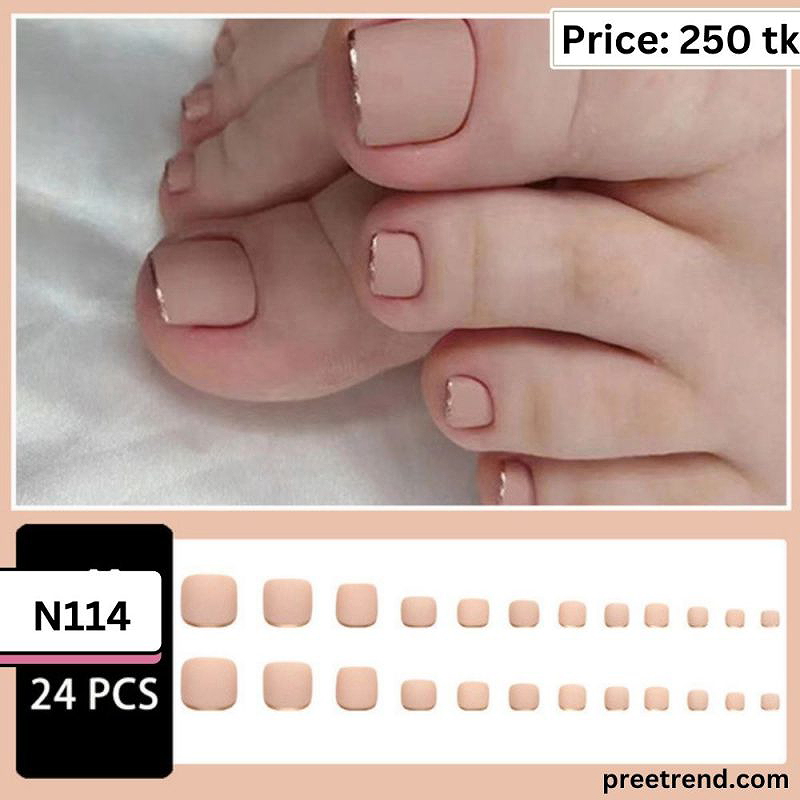 Printed Metallic Chrome Gold French Outline Rim Sheer Matte Nude Square Press On Toenails (24 Pcs) - N114