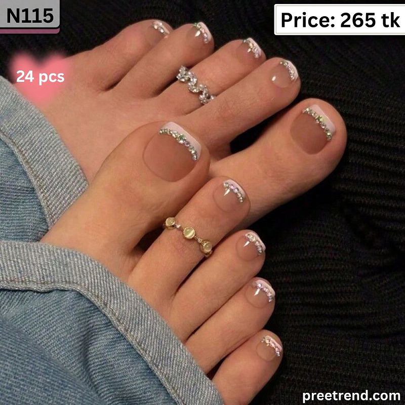 3D Crystal Rhinestone Border Accent Classic White French Tip Nude Square Press On Toenails (24 Pcs) - N115