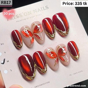 3D Metallic Chrome Gold French Tip Liquid Outline Burgundy Red Medium Almond Press On Nails (30 Pcs) - RB17