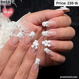 3D White Ribbon Bow Charm Pearl Accent Classic French Tip Medium Coffin Press On Nails (30 Pcs) - RB18
