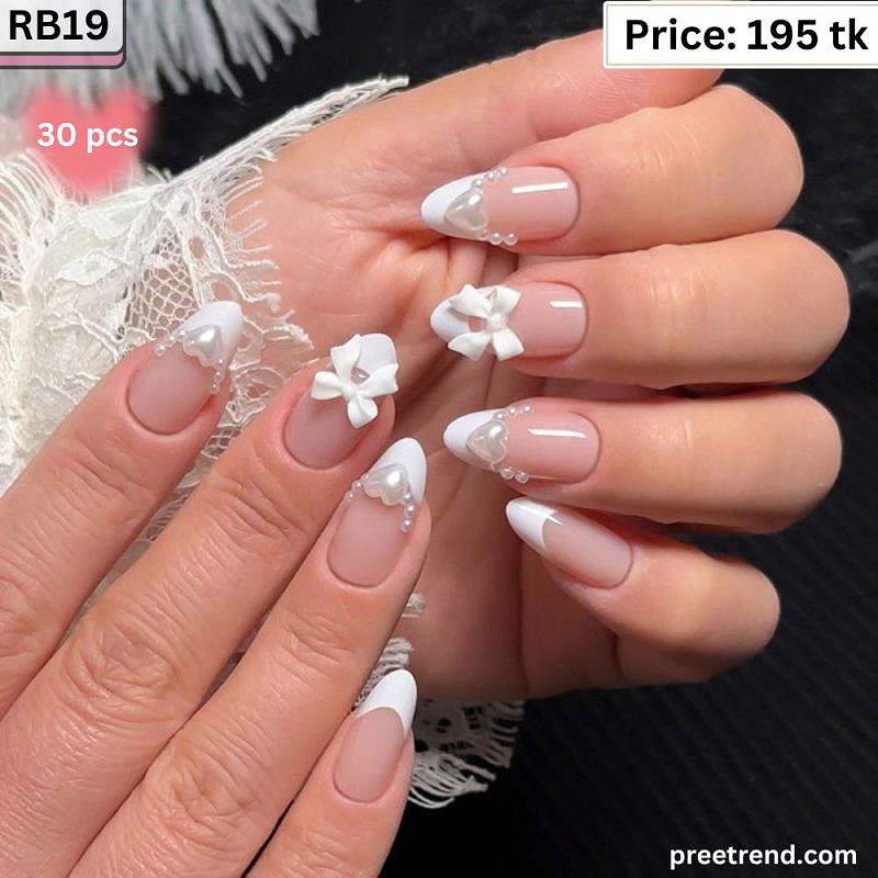3D White Acrylic Bow Heart Pearl Charm White French Tip Medium Almond Press On Nails (30 Pcs) - RB19