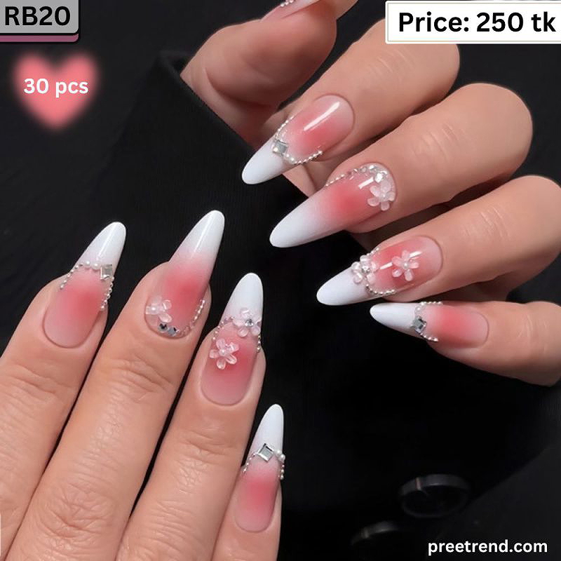 3D Camellia Flower Blossom Rhinestone Gem Pink Blush Ombre French Long Almond Press On Nails (30 Pcs) - RB20