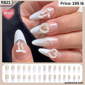 3D Pearl Heart Ribbon Bow Outline Accent French Tip Long Almond Press On Nails (30 Pcs) - RB21
