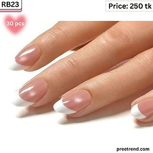 Printed Classic White French Smile Line Glossy Peach Nude Short Almond Cat Eye Press On Nails (30 Pcs) - RB23