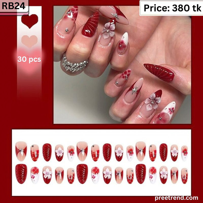 3D White Blossom Floral Petal Metallic Star Glitter Burgundy French Almond Press On Nails (30 Pcs) - RB24