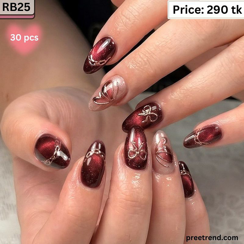 Printed Dark Wine Red Amber Cat Eye Shimmer Floral Motif Almond Press On Nails (30 Pcs) - RB25