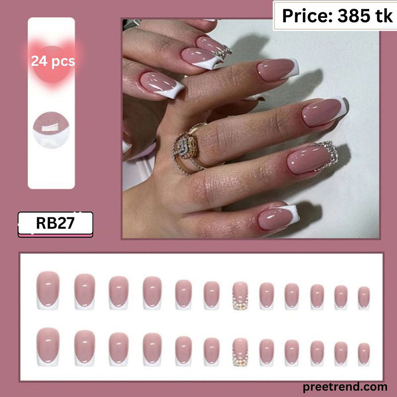 3D Cluster Crystal Rhinestone Accent Classic White French Tip Dusty Mauve Medium Coffin Press On Nails (24 Pcs) - RB27