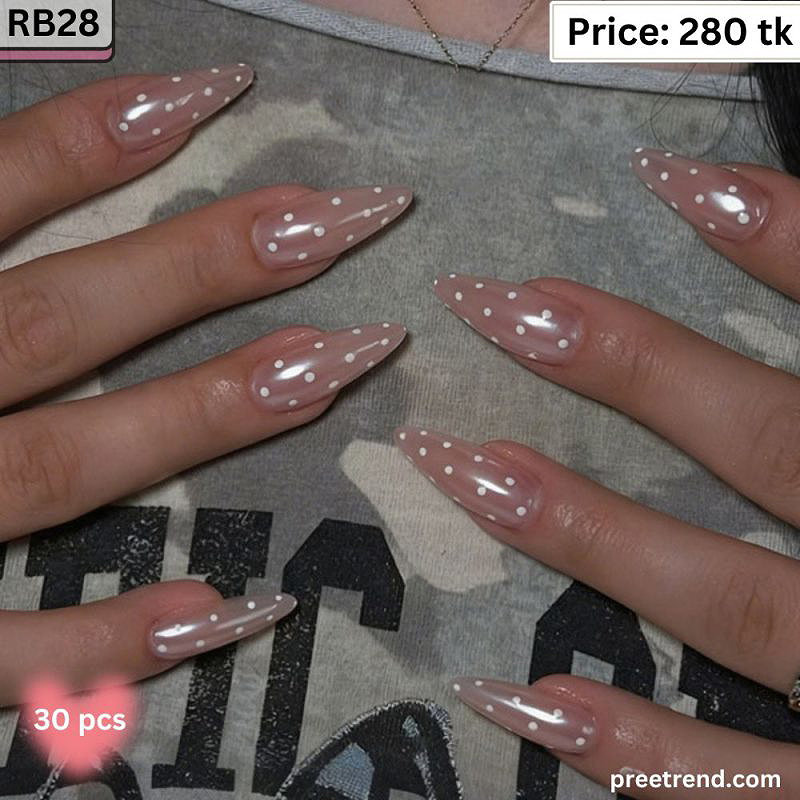Printed White Polka Dot Pattern Shimmer Jelly Rose Pink Almond Press On Nails (30 Pcs) - RB28