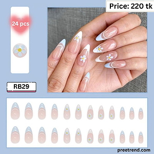 Printed Pastel Sky Blue French Tip Daisy Floral Blossom Almond Press On Nails (24 Pcs) - RB29