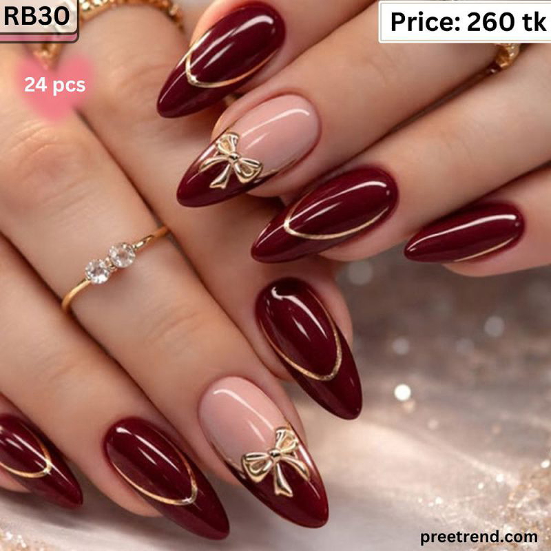 3D Metallic Silver Ribbon Bow Charm Deep Burgundy Wine Red French Medium Almond Press On Nails (24 Pcs) - RB30
