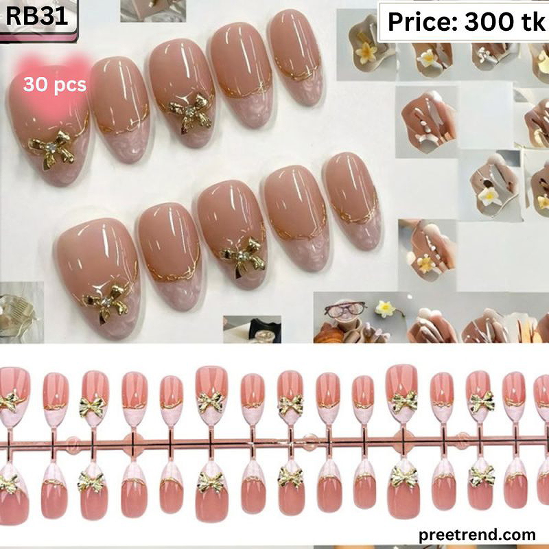 3D Metallic Gold Bow Charm Chrome French Outline Soft Pink Almond Press On Nails (30 Pcs) - RB31