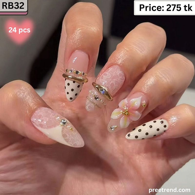 3D Pink Flower Blossom Pearl Gem Floral Lace Polka Dot Almond Press On Nails (24 Pcs) - RB32