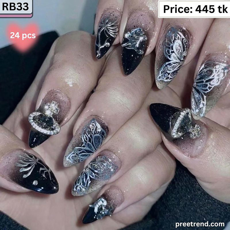 3D Crystal Gem Cross Charm Ornate Silver Baroque Lace Black Ombre Almond Press On Nails (24 Pcs) - RB33